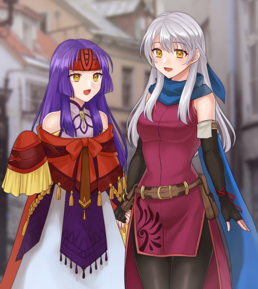 2girls :d absurdres bare_shoulders belt black_gloves black_pantyhose blue_scarf brown_belt cape commentary_request cowboy_shot dress elbow_gloves fingerless_gloves fire_emblem fire_emblem:_radiant_dawn gloves hazuki_(nyorosuke) highres holding_hands long_hair long_sleeves micaiah_(fire_emblem) multiple_girls open_mouth outdoors pantyhose purple_dress purple_hair red_cape sanaki_kirsch_altina scarf siblings sisters sleeveless sleeveless_dress smile standing very_long_hair white_hair yellow_eyes