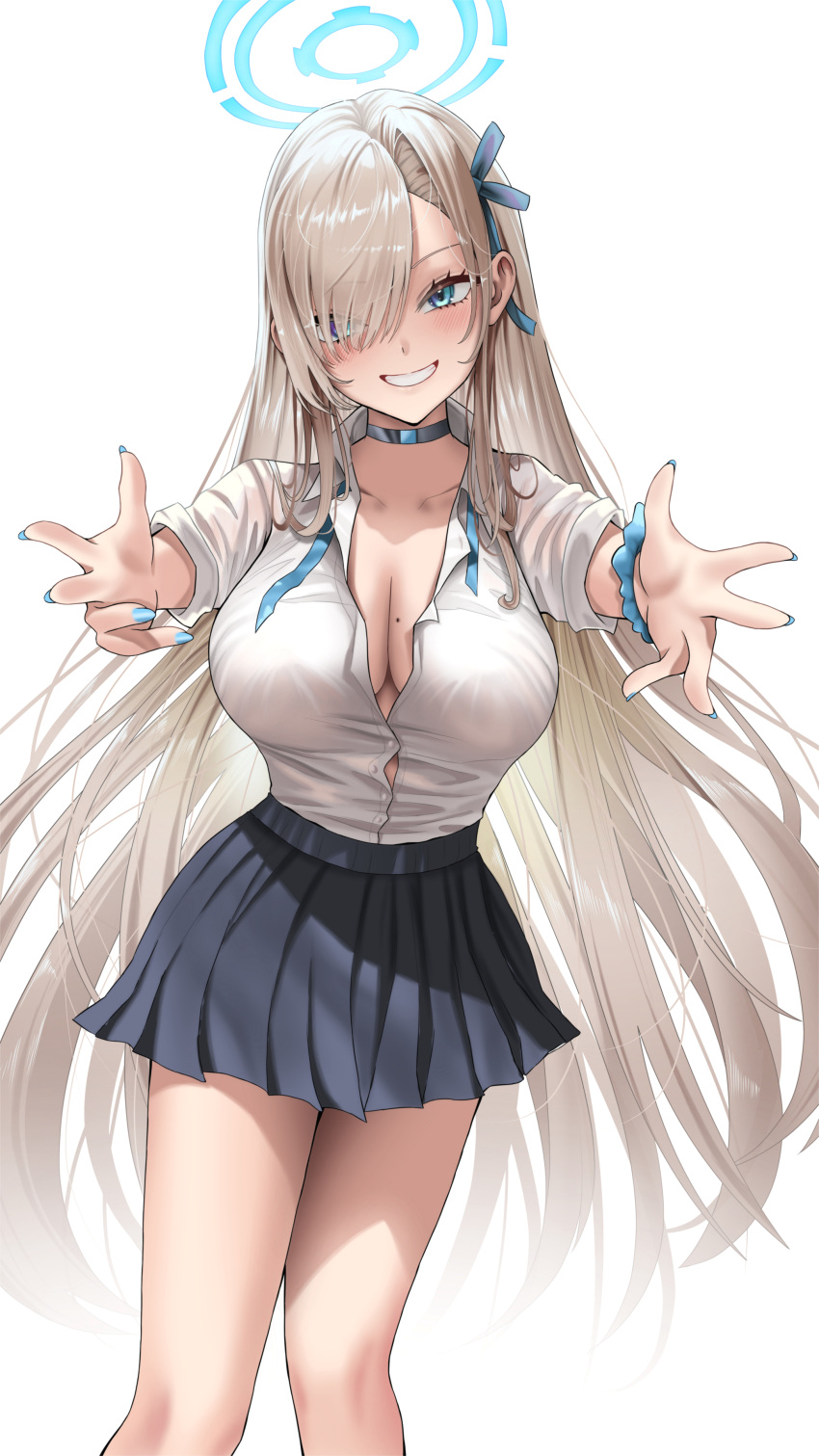 absurdres asuna_(blue_archive) asymmetrical_bangs blue_archive blue_halo blue_nails breasts buko_(bukosuki) button_gap choker cleavage collarbone collared_shirt feet_out_of_frame female grin hair_over_one_eye halo highres imminent_hug large_breasts light_brown_hair long_hair loose_necktie miniskirt mole mole_on_breast necktie partially_unbuttoned pleated_skirt reaching reaching_towards_viewer school_uniform shirt shirt_tucked_in simple_background skirt smile solo uniform very_long_hair white_background white_shirt