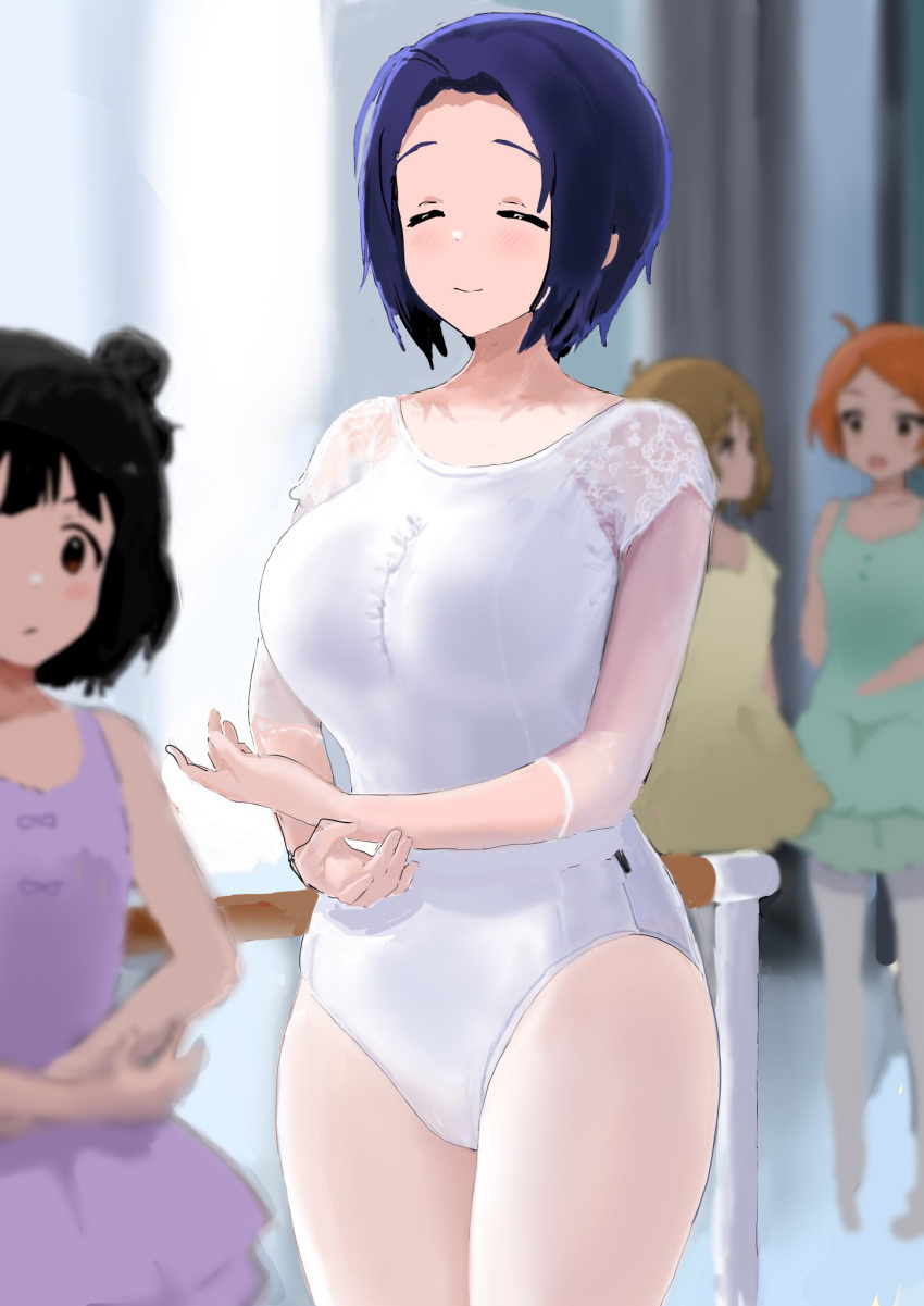 4girls ^_^ ahoge ballerina ballet ballet_dress ballet_slippers barre blush breasts closed_eyes commentary_request dance_studio dress en_pointe forehead highres hitodama_(madatohi) idolmaster idolmaster_(classic) idolmaster_million_live! indoors large_breasts leotard light_smile miura_azusa multiple_girls nakatani_iku ogami_tamaki short_hair solo_focus suou_momoko white_dress white_leotard