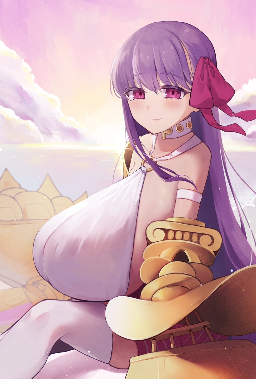 bare_shoulders belt_collar blush bow breasts claw_(weapon) claws collar fate/grand_order fate_(series) female gigantic_breasts hair_ribbon highres long_hair looking_at_viewer o-ring o-ring_top passionlip_(fate) passionlip_(third_ascension)_(fate) pink_eyes pink_ribbon prosthesis prosthetic_arm purple_hair ribbon sideboob smile solo thighhighs to_moyomoyo very_long_hair weapon