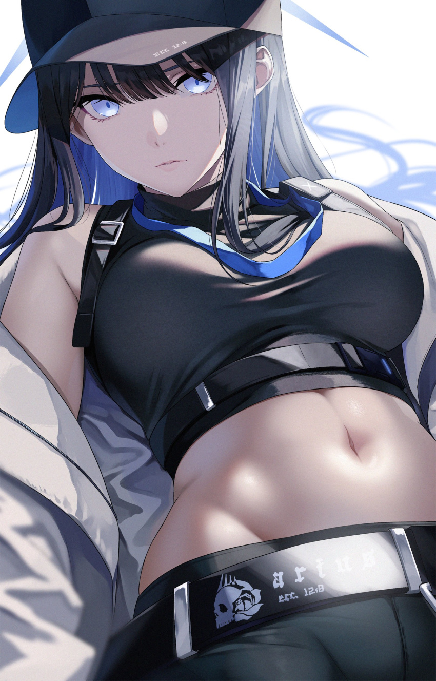 absurdres baseball_cap belt black_hair black_hat blue_archive blue_eyes breasts buckle chest_harness coat colored_inner_hair commentary_request crop_top female halo harness hat highres large_breasts long_hair lying midriff multicolored_hair navel no_mask on_back saori_(blue_archive) shirt sleeveless sleeveless_shirt snap-fit_buckle solo stomach white_background white_coat yuuki_shin