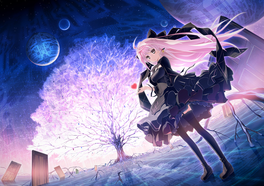 akata_itsuki alpha_(kokoro_rista) bell black_dress black_thighhighs bow circuit commentary_request door dress female frills full_body garter_straps hair_bell hair_ornament hair_ribbon hairbow heart highres kokoro_rista! long_hair looking_at_viewer moon pink_eyes pink_hair ribbon solo standing surreal thighhighs tree very_long_hair wind