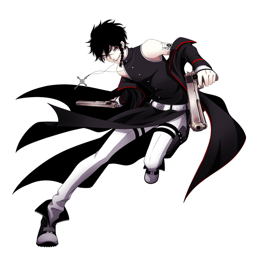 1boy agios_aranea avatar_base belt black_hair boots braid character_request coat commentary_request cross dual_wielding grin gun handgun highres holding holster jewelry male_focus necklace off_shoulder parted_lips pixiv_nocturne puyora red_eyes scar simple_background single_braid smile solo tattoo weapon white_background