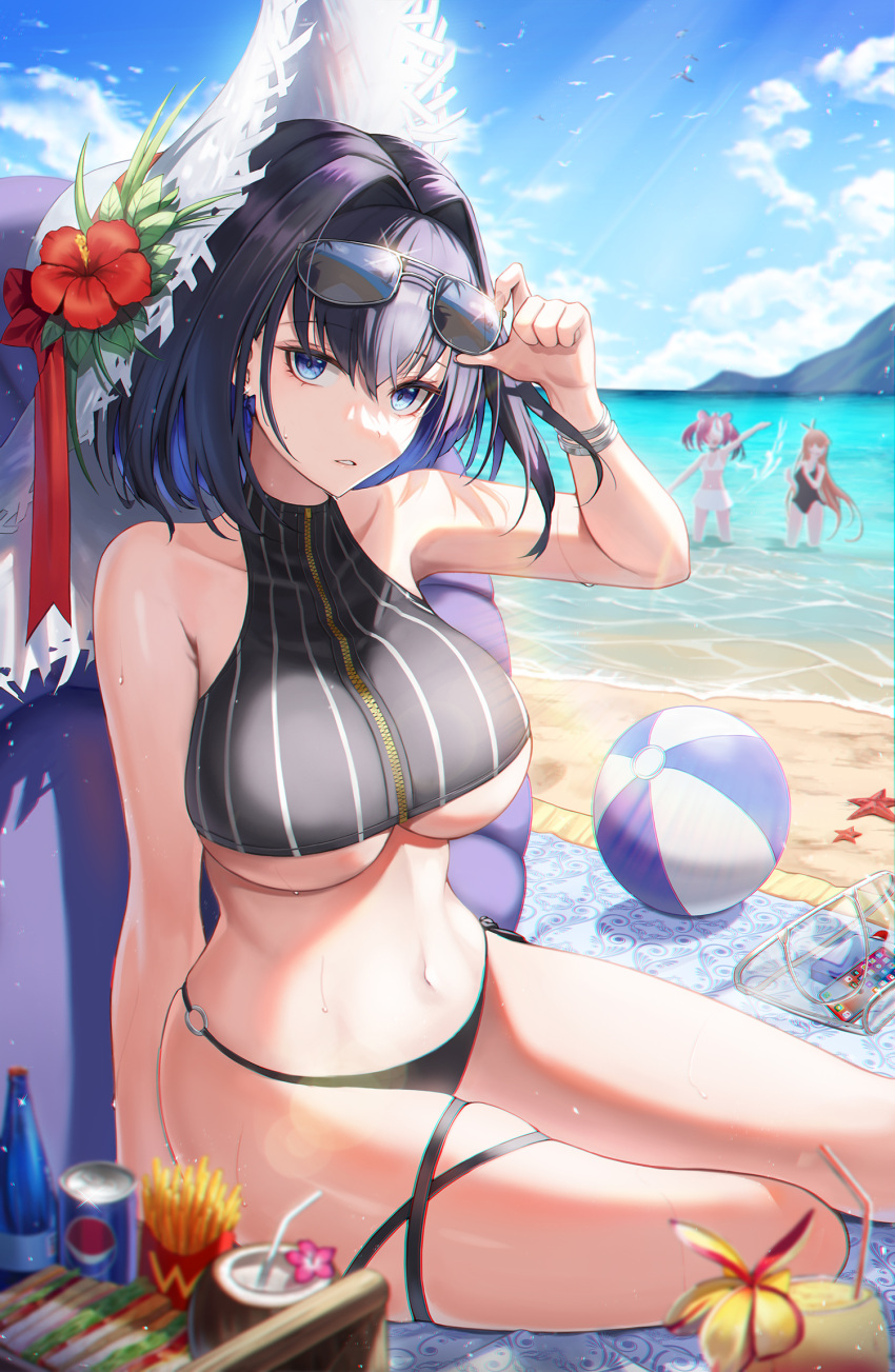 3girls adapted_costume ball bare_arms bare_shoulders beach beach_towel beachball bikini bikini_skirt black_bikini black_hair blue_eyes blue_sky breasts can coconut collarbone commentary day drink_can drinking_straw eyewear_on_head fall_(aki) flower food french_fries fruit_cup hair_between_eyes hair_intakes hakos_baelz hat hat_flower hibiscus highres hololive hololive_english large_breasts long_hair looking_at_viewer multiple_girls nanashi_mumei navel o-ring o-ring_bikini ocean one-piece_swimsuit orange_hair ouro_kronii ouro_kronii_(1st_costume) outdoors parted_lips pepsi red_flower red_hair sandwich short_hair sitting skirt sky soda_can starfish stomach sunglasses sweat swimsuit thighhighs thighs towel twintails underboob very_long_hair virtual_youtuber wading water wcdonald's wet white_bikini white_headwear white_skirt zipper