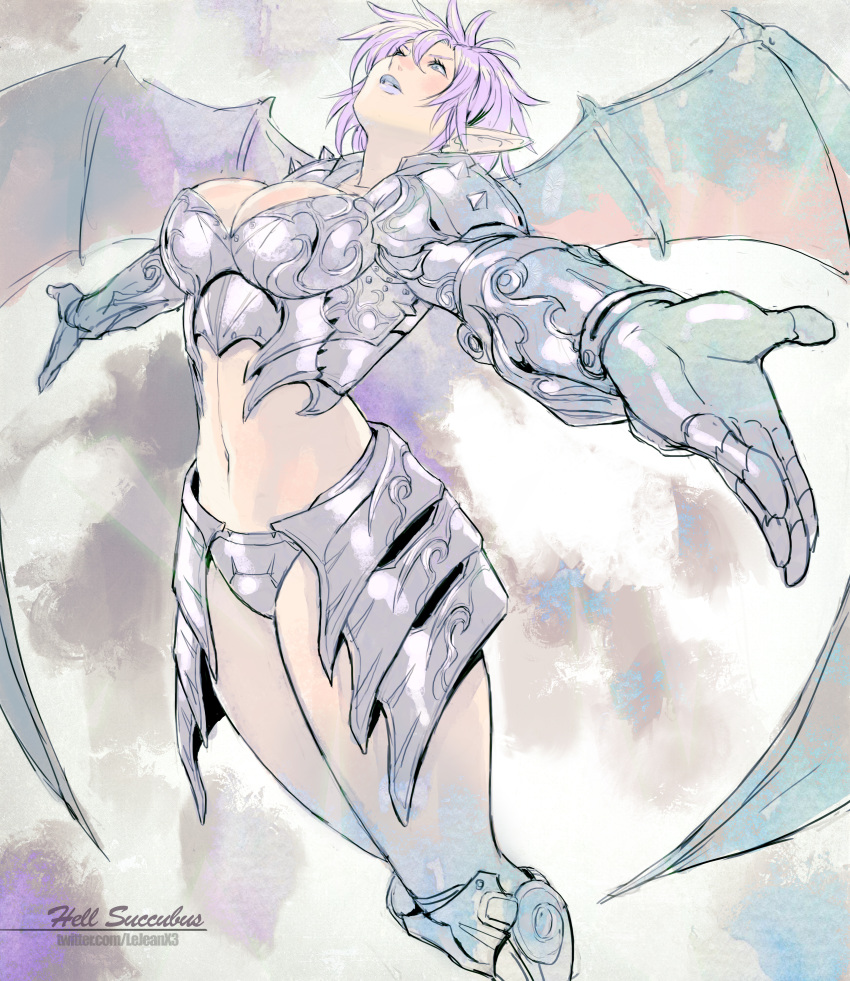 absurdres armor breasts chinese_commentary cleavage commentary_request commission commissioner_upload demon_girl english_commentary female gloves highres large_breasts mixed-language_commentary monster_girl navel open_mouth pointy_ears rejean_dubois shining_(series) shining_force_iii short_hair solo wings