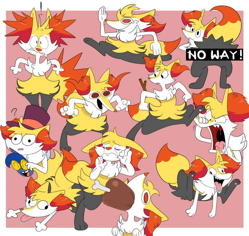 2024 3_fingers 3_toes 4_fingers absurd_res anthro biped black_eyebrows black_eyes black_legs black_mouth black_text black_top_hat blonde_hair bodily_fluids border braixen braixen_(kabula) canid canine censor_bar cheek_tuft clothing colored countershade_face countershade_fur countershading derp_eyes digital_drawing_(artwork) digital_media_(artwork) digitigrade dipstick_tail drooling eating emanata english_text exclamation_point eyebrows eyelashes facial_tuft feet female female_anthro fingers fluffy fluffy_tail food front_view full-length_portrait fur fur_tuft generation_6_pokemon glistening glistening_inner_ear_fluff hair half-length_portrait hat headgear headwear hi_res holding_mask inner_ear_fluff just_right kabula_(artist) looking_at_viewer lying mammal markings mask meat meme multiple_images nintendo on_front open_mouth pawpads pink_background pink_pawpads pink_tongue pokemon pokemon_(species) portrait question_mark red_eyes red_inner_ear_fluff red_mouth red_nose running saliva shaded simple_background smile solo standing stick stick_in_tail tail tail_markings teeth text three-quarter_view toes tongue tongue_out toony top_hat tuft uvula white_arms white_body white_border white_countershading white_text white_tuft yellow_body yellow_fur