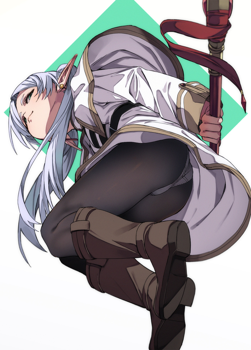 arms_behind_back ass belt black_belt boots capelet closed_mouth cut_bangs dangle_earrings drop_earrings earrings elf female frieren from_below fu-ta full_body green_eyes grey_hair highres holding holding_staff jewelry leather leather_boots long_hair long_sleeves looking_at_viewer mage_staff midair panties panties_under_pantyhose pantyhose parted_bangs pointy_ears shirt simple_background solo sousou_no_frieren staff striped_clothes striped_shirt thighs twintails underwear upskirt white_background white_capelet