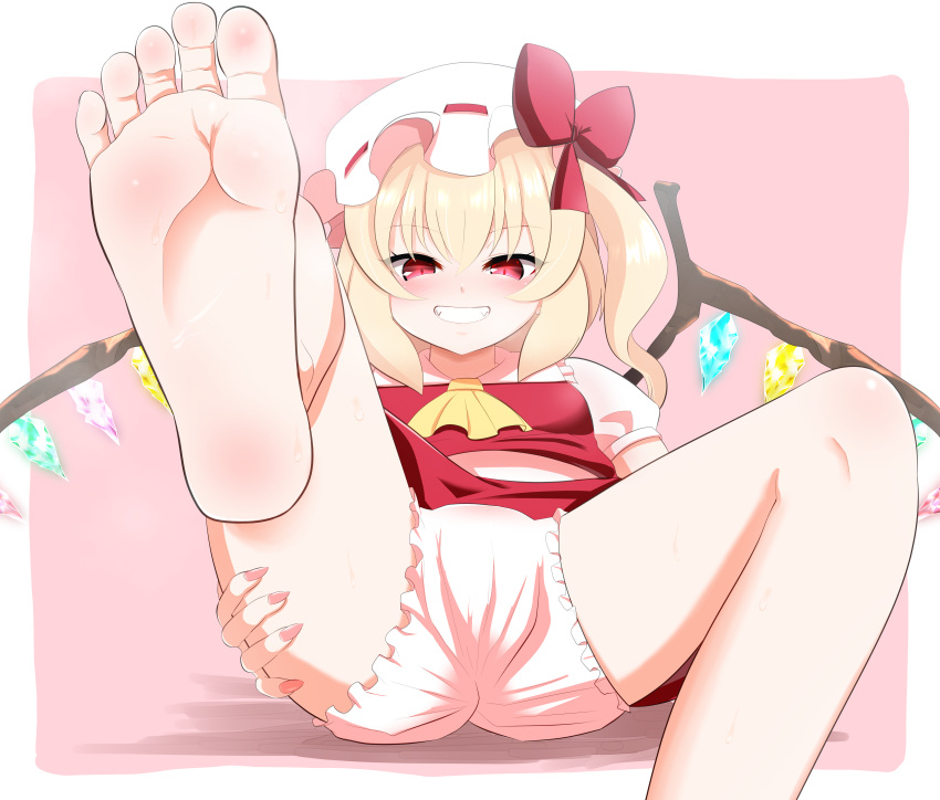 absurdres akabashi_yuusuke ascot barefoot blonde_hair bloomers blush border breasts commentary_request commission crystal fangs feet female fingernails flandre_scarlet foot_focus foot_out_of_frame grin hat highres looking_at_viewer mob_cap nail_polish open_mouth pink_background pink_nails puffy_short_sleeves puffy_sleeves reclining red_eyes red_shirt red_skirt shadow shirt short_sleeves side_ponytail sitting skeb_commission skirt small_breasts smile soles solo steam toes touhou underwear white_bloomers white_border white_hat white_shirt wings yellow_ascot