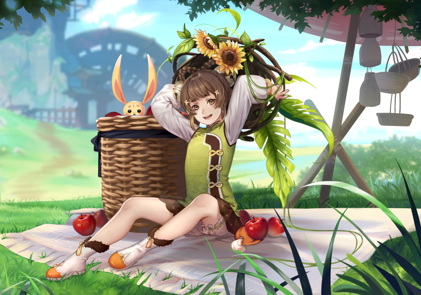 absurdres animal_ears apple blurry blurry_background day female flower flower-shaped_pupils food fruit genshin_impact gloves hair_between_eyes hair_ornament highres inga2ooo looking_at_viewer open_mouth outdoors rabbit_ears smile solo sunflower symbol-shaped_pupils teeth tongue vision_(genshin_impact) yaoyao_(genshin_impact) yuegui_(genshin_impact)