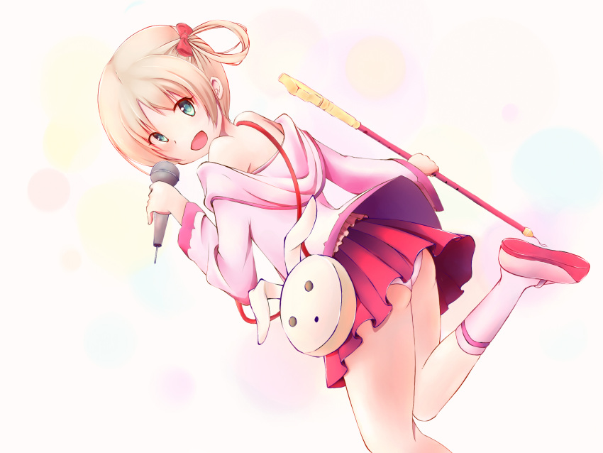 animal_bag ass blonde_hair bow boyjay14 character_request check_character copyright_request female green_eyes hairbow highres kano_(hanayori_jyoshiryou) kano_(utaite) looking_at_viewer microphone nanahira panties pantyshot pink_sweater rabbit_bag red_bow red_skirt short_hair skirt solo sweater underwear