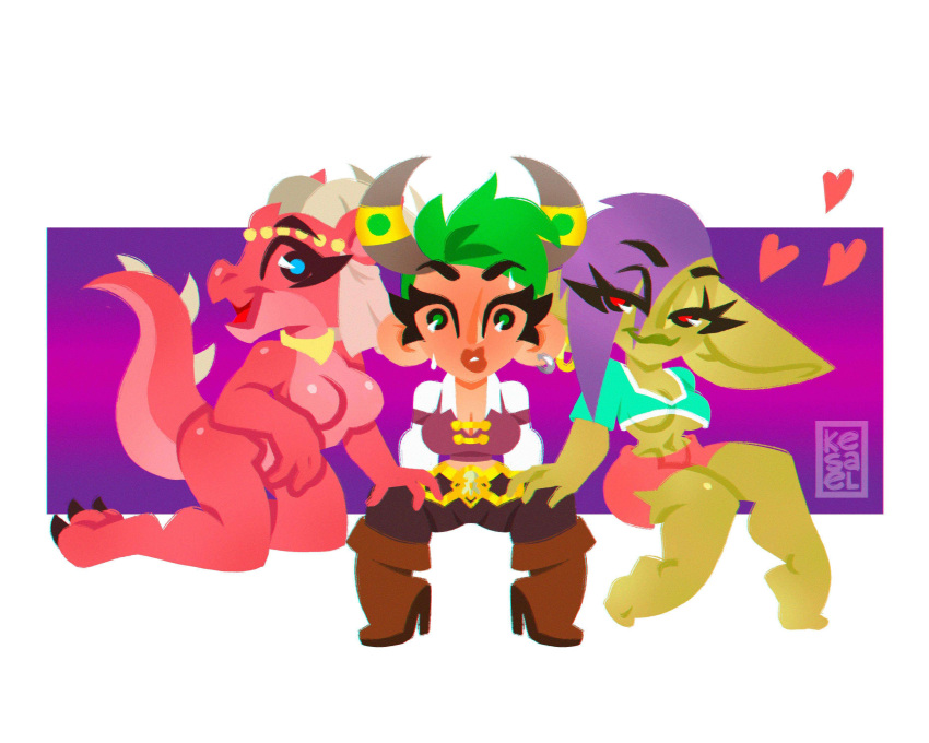 5:4 absurd_res clothed clothing ear_piercing ear_ring female fully_clothed gnome gnome_(warcraft) goblin green_body green_eyes green_hair green_skin group hair hi_res horn humanoid kesael kobold piercing pink_body purple_hair ring_piercing tail trio