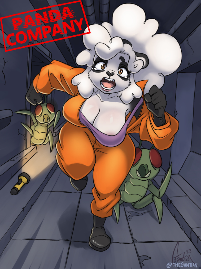 anthro bear big_breasts bodily_fluids boots breasts cleavage clothed clothing female flashlight fleeing footwear giant_panda gloves handwear hi_res hoarding_bug_(lethal_company) inside jumpsuit lethal_company mama_dafang mammal open_clothing open_mouth open_topwear running shirt tank_top tears thegantian topwear