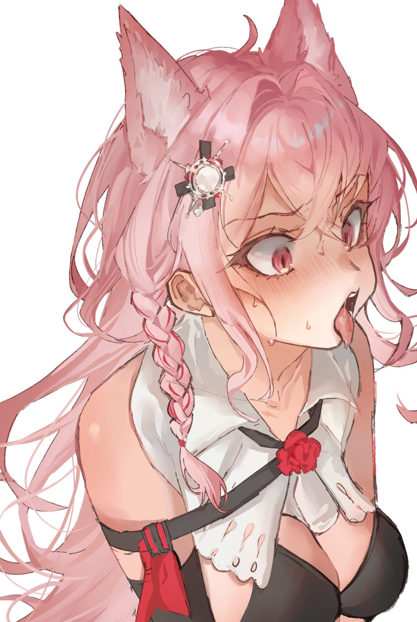 animal_ears arknights bare_shoulders blush braid breasts cleavage commentary_request commission ear_blush female hair_ornament highres kaguura_(kagu) medium_breasts open_mouth pink_eyes pink_hair pozyomka_(arknights) saliva simple_background skeb_commission solo sweat tongue tongue_out unfinished upper_body white_background wolf_ears wolf_girl