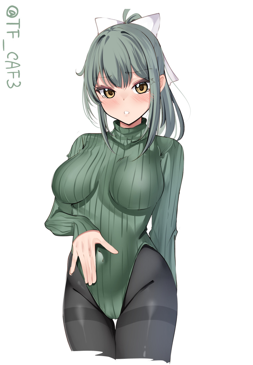 absurdres black_pantyhose blush bow breasts brown_eyes cowboy_shot female green_hair green_leotard hair_ribbon hairbow heattech_leotard highres kantai_collection large_breasts leotard long_hair looking_at_viewer medium_breasts pantyhose ponytail ribbed_leotard ribbon short_sleeves smile solo tf_cafe thigh_gap twitter_username yuubari_(kancolle)