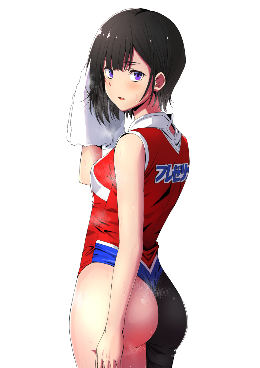 ass asymmetrical_bangs black_hair breasts commentary_request female from_behind hanebado! highleg highleg_leotard highres leotard looking_at_viewer looking_back medium_breasts purple_eyes sayoi shiwahime_yuika short_hair simple_background solo standing white_background