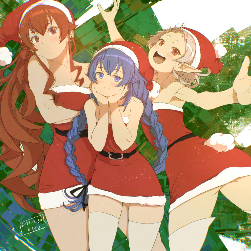 3girls armpits arms_under_breasts artist_name ass ass_peek bare_arms bare_shoulders belt black_belt blue_eyes blue_hair blush boots braid breasts christmas closed_mouth dated dress eris_greyrat fur-trimmed_dress fur-trimmed_headwear fur_trim hat head_rest highres kiyo_(a_sam_ko) large_breasts long_braid long_hair looking_at_viewer medium_hair multiple_girls mushoku_tensei open_mouth outstretched_arms red_dress red_eyes red_hair red_headwear roxy_migurdia santa_costume santa_dress santa_hat short_dress small_breasts standing sylphiette_(mushoku_tensei) thigh_boots twin_braids very_long_hair white_footwear white_hair zettai_ryouiki