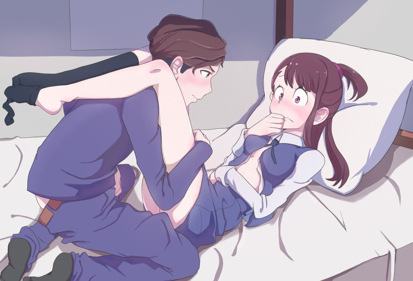 1boy andrew_hanbridge bed black_socks blush brown_hair female highres kagari_atsuko leg_on_another's_shoulder little_witch_academia no_bra open_clothes sock_dangle socks straight taichi_suzuki