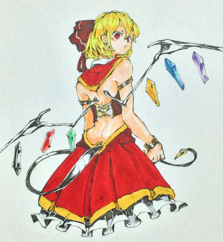 absurdres alternate_costume backless_outfit bare_shoulders blonde_hair closed_mouth crystal female flandre_scarlet frilled_skirt frills from_behind hair_between_eyes highres laevatein_(tail) looking_at_viewer looking_back mashimashi multicolored_wings no_headwear pleated_skirt red_eyes red_skirt simple_background skirt solo tail touhou traditional_media white_background wings wrist_cuffs