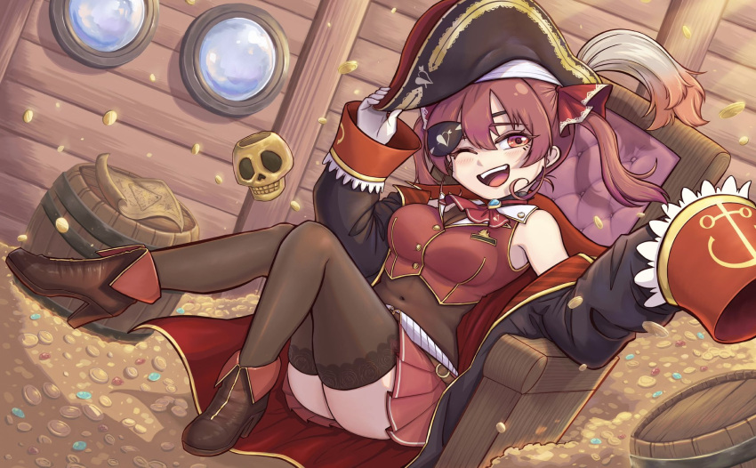 anchor_symbol arrow_through_heart ass barrel black_thighhighs breasts butter_spoon chair coin commentary_request covered_navel cropped_jacket dokuro-kun_(houshou_marine) eyepatch eyepatch_lift female gold gold_coin hat hat_tip high_heels highres hololive houshou_marine houshou_marine_(1st_costume) jacket leotard leotard_under_clothes map miniskirt one_eye_closed open_mouth pirate_hat pleated_skirt red_eyes red_hair red_jacket red_skirt sitting skirt sleeveless sleeveless_jacket sleeves_past_fingers sleeves_past_wrists smile solo thighhighs twintails virtual_youtuber