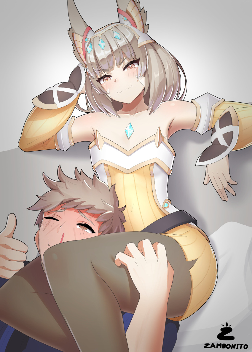 1boy :3 absurdres animal_ears arm_behind_head aroused_nosebleed blood blush brown_hair cat_ears chest_jewel core_crystal_(xenoblade) detached_sleeves ear_covers facial_mark female grey_hair highres husband_and_wife nia_(xenoblade) nosebleed pantyhose rex_(xenoblade) scar scar_across_eye scissorhold sitting smile smug straight thigh_grab thumbs_up whisker_markings xenoblade_chronicles_(series) xenoblade_chronicles_3 xenoblade_chronicles_3:_future_redeemed zambonito