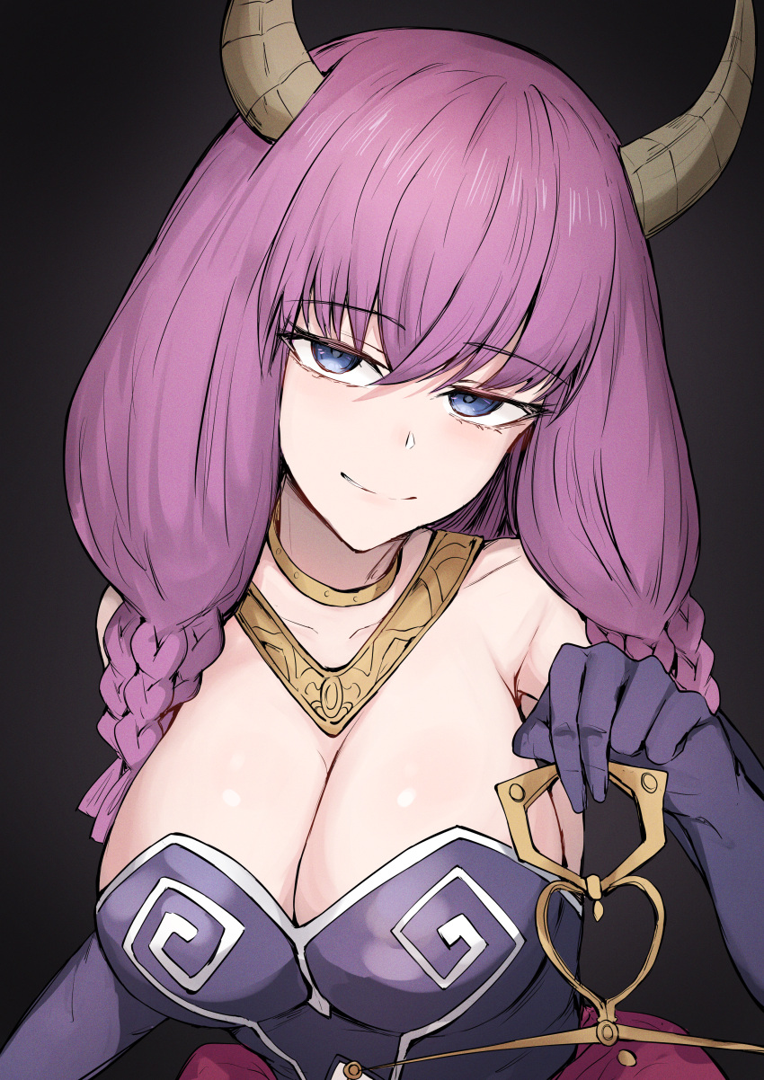 absurdres aura_(sousou_no_frieren) black_background blue_eyes braid breasts cleavage clothing_cutout commentary cowboy_shot dress elbow_gloves female gloves hair_between_eyes highres horns large_breasts light_smile long_hair navel_cutout purple_dress purple_gloves sak1_01 smirk solo sousou_no_frieren symbol-only_commentary twin_braids weighing_scale