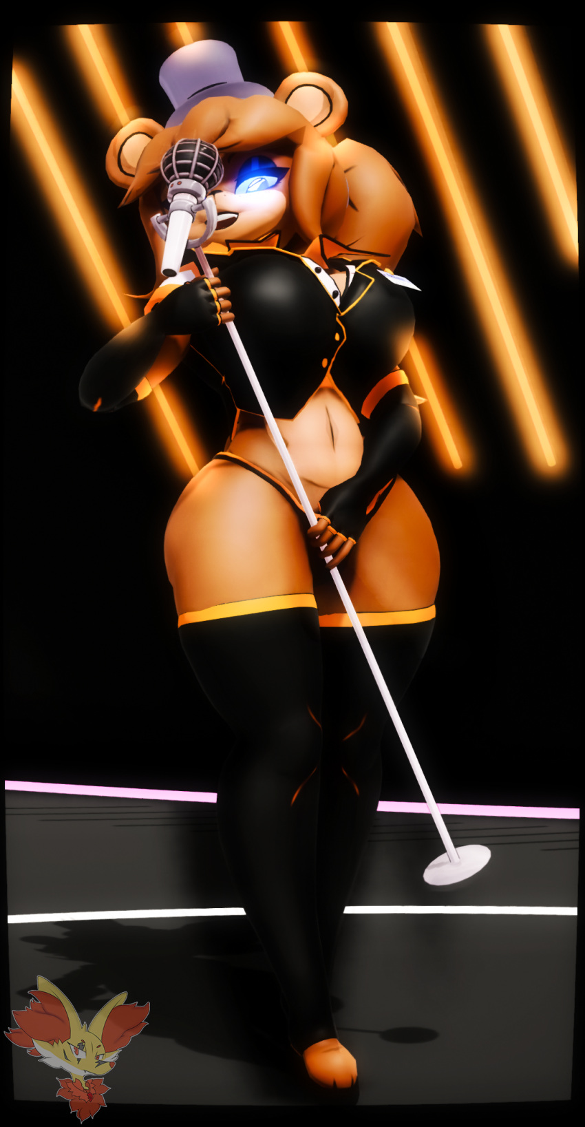 2024 3d_(artwork) animatronic bear big_breasts breasts cleavage clothed clothing cryptiacurves delphoxart digital_media_(artwork) electronics female five_nights_at_freddy's freddy_(fnaf) fredina's_nightclub fredina_(cally3d) frenni_fazclaire glowing glowing_eyes hair hat headgear headwear hi_res humanoid machine mammal microphone midriff mikumikudance_(artwork) mtf_crossgender robot rule_63 scott_cawthon scottgames smile solo