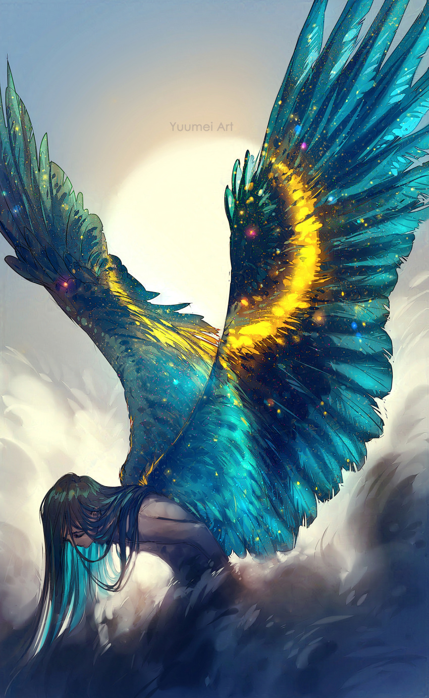 1boy artist_name bird_wings black_hair blue_hair blue_sky blue_wings closed_eyes cloud commentary completely_nude crescent crescent_moon english_commentary feathered_wings hair_flowing_over hair_over_shoulder highres hunched_over long_hair male_focus moon multicolored_hair nude original sky solo spread_wings straight_hair sun two-tone_hair upper_body wings yuumei