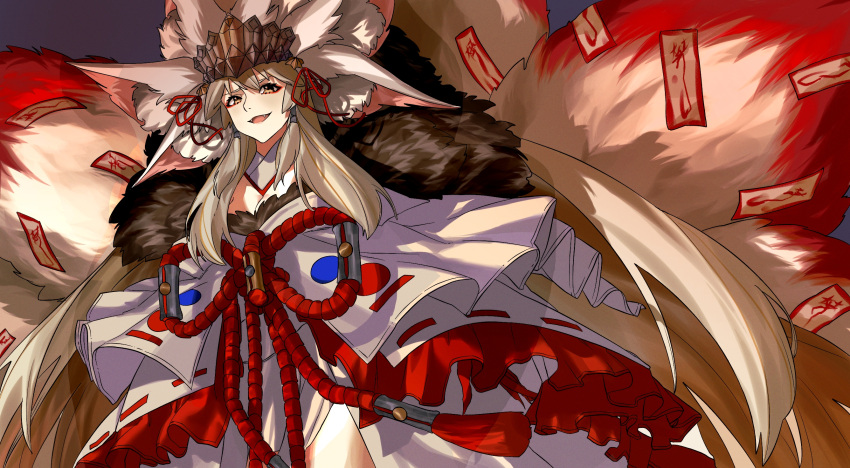 animal_ear_fluff animal_ears bare_shoulders blonde_hair blush breasts cleavage detached_collar extra_ears fate/grand_order fate_(series) female fox_ears fox_girl fox_tail fur_collar hair_between_eyes headpiece highres japanese_clothes kimono koyanskaya_(fate) koyanskaya_(lostbelt_beast:iv)_(fate) large_breasts long_hair long_sleeves looking_at_viewer off_shoulder open_mouth rope saikiseiya sash sidelocks smile solo tail tamamo_(fate) very_long_hair white_kimono wide_sleeves yellow_eyes