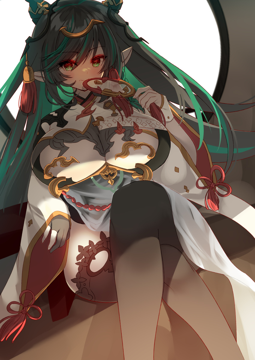 absurdres black_gloves black_hair black_thighhighs blush breast_cutout breasts cleavage cleavage_cutout clothing_cutout colored_inner_hair crossed_legs detached_sleeves dragon_girl dragon_horns draph dress female fingerless_gloves gloves gradient_hair granblue_fantasy green_eyes green_hair hair_ornament highres horn_ornament horns large_breasts leotard long_hair looking_at_viewer mole mole_under_mouth multicolored_eyes multicolored_hair navel payila_(granblue_fantasy) pelvic_curtain pointy_ears red_eyes round_window sana27022934 see-through see-through_dress sitting solo stomach_cutout tassel tassel_hair_ornament thighhighs thighs tuanshan two-tone_eyes two-tone_hair very_long_hair white_gloves window