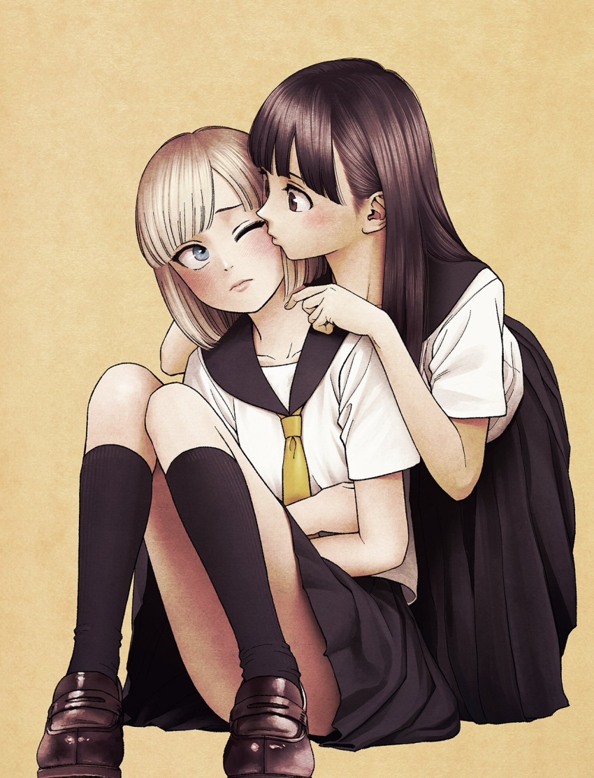 2girls aria_(vampeerz) bite_mark black_hair blonde_hair cover cover_image higashiyama_shou highres ichika_(vampeerz) kissing kissing_cheek kneehighs kneeling long_hair looking_at_another multiple_girls official_art one_eye_closed school_uniform short_hair simple_background sitting socks vampeerz