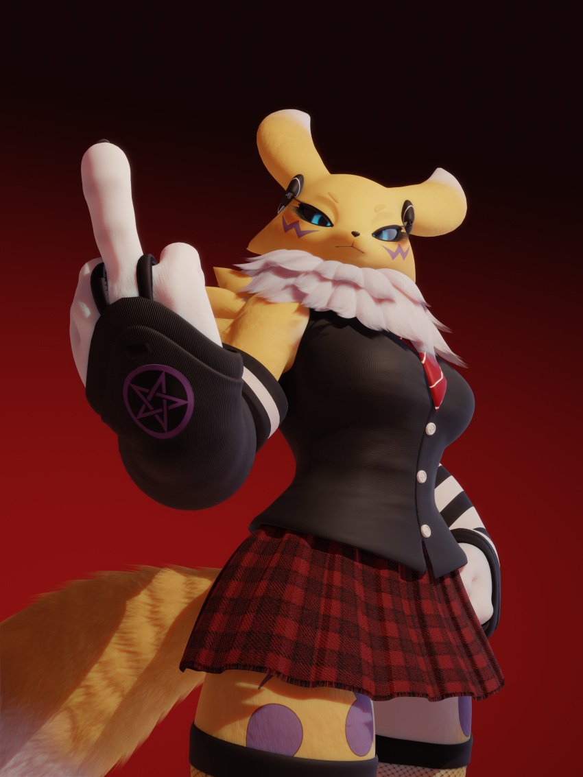 3:4 3d_(artwork) 4_fingers absurd_res alternative_fashion anthro arkham_(artist) arm_warmers armwear bandai_namco black_claws black_clothing black_nose black_sclera blue_eyes bottomwear breasts canid claws clothed clothing digimon digimon_(species) digital_media_(artwork) dress_shirt female female_anthro finger_claws fingers fishnet_clothing fishnet_legwear flipping_viewer_off frown fully_clothed fur gesture goth gradient_background hand_gesture hand_on_hip hi_res j-fashion legwear looking_at_viewer mammal medium_breasts middle_finger neck_tuft necktie occult_symbol pattern_arm_warmers pattern_armwear pattern_bottomwear pattern_clothing pattern_skirt pentagram plaid plaid_bottomwear plaid_clothing plaid_skirt punk red_background renamon renamon_(dogzeela) shirt simple_background skirt solo striped_arm_warmers striped_armwear striped_clothing stripes symbol tail topwear tuft visual_kei white_body white_fur yellow_body yellow_fur yin_yang