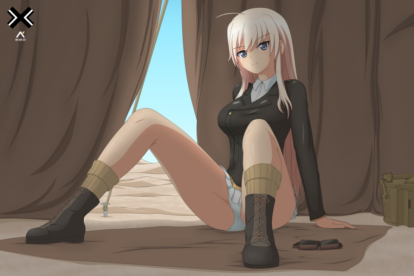 absurdres acrux ahoge arm_support artist_logo black_jacket blonde_hair blue_eyes boots breasts cross-laced_footwear desert english_commentary female full_body goggles gradient_hair groin_tendon hanna-justina_marseille highres indoors jacket lace-up_boots large_breasts legs light_smile long_hair long_sleeves looking_at_viewer military military_uniform multicolored_hair panties pantyshot pink_hair shirt sidelocks sitting skirt smile socks solo spread_legs tent tent_peg thighs underwear uniform unworn_goggles very_long_hair white_panties white_shirt white_skirt witches_of_africa world_witches_series