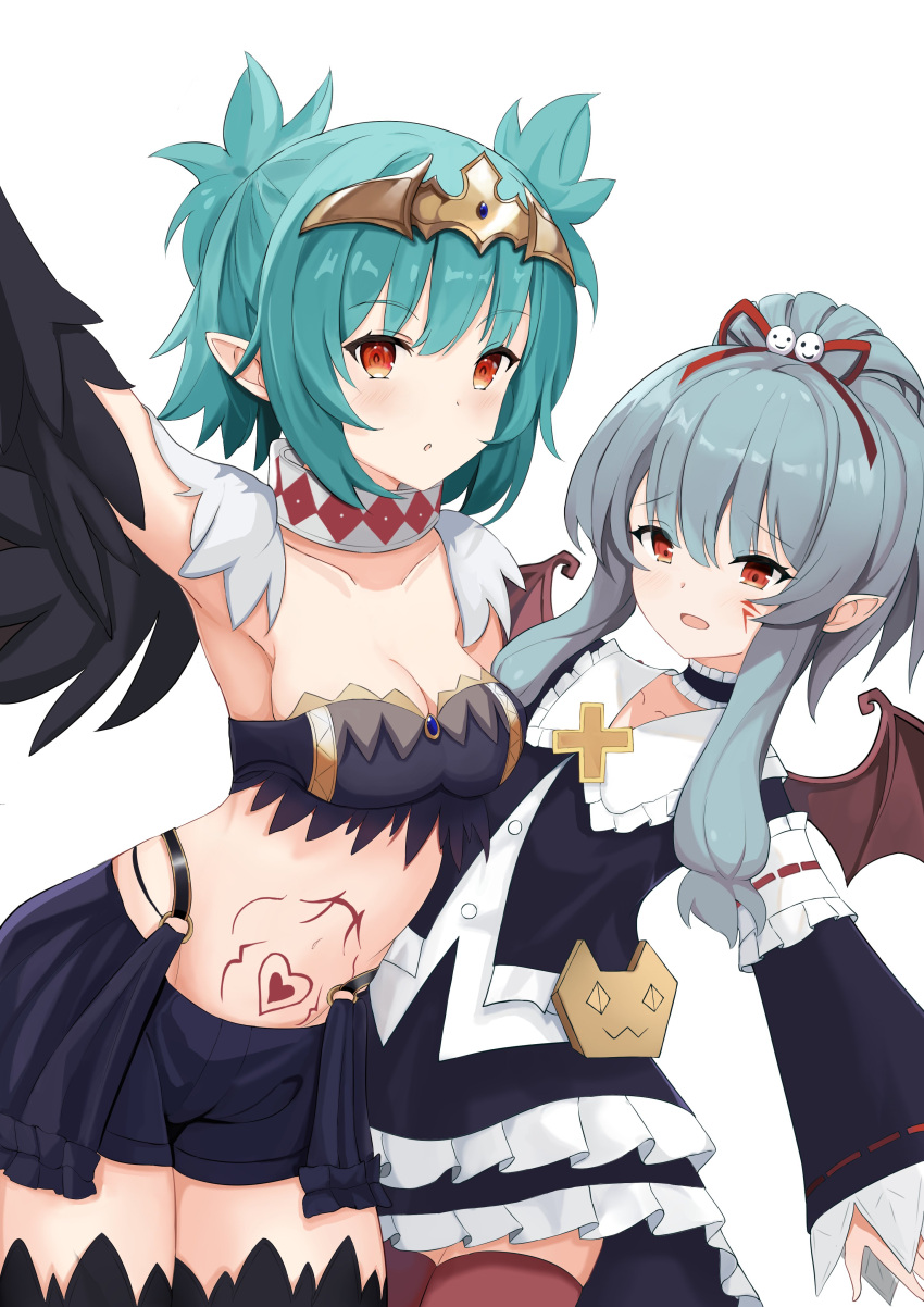 2girls absurdres bat_wings bird_legs black_feathers black_shorts black_skirt black_wings blue_hair blush breasts character_request choker cleavage english_commentary feathers green_hair harpy heart heart_tattoo highres hzhc indie_virtual_youtuber lincoro monster_girl multiple_girls navel open_mouth orange_eyes pointy_ears second-party_source short_hair short_hair_with_long_locks short_twintails shorts showgirl_skirt skirt stomach_tattoo tattoo tiara twintails virtual_youtuber winged_arms wings