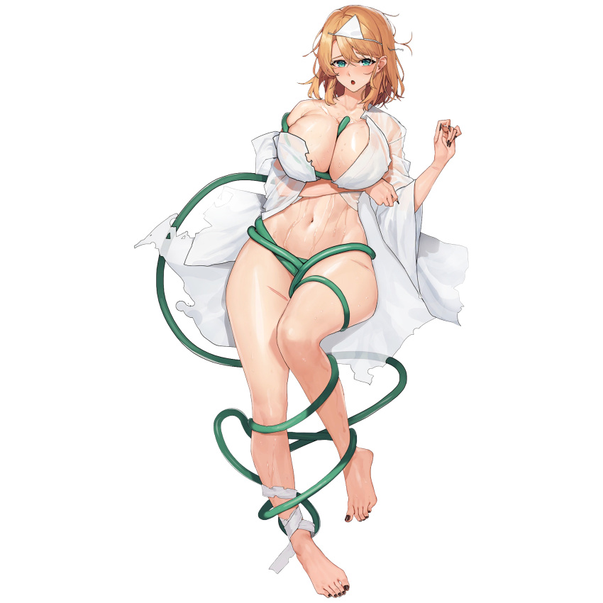 :o aqua_eyes arm_under_breasts bandaged_ankle barefoot between_breasts black_nails blonde_hair blush breasts cleavage collarbone entangled feet female fingernails frost_serpent_(last_origin) full_body ghost_costume hair_intakes halloween halloween_costume highres hose huge_breasts injury japanese_clothes kimono knees_together_feet_apart last_origin leg_up legs linea_alba looking_at_viewer loose_bandages nail_polish naked_kimono navel official_alternate_costume official_art open_clothes open_kimono open_mouth see-through see-through_kimono sharp_fingernails shiroshouzoku short_hair short_kimono simple_background solo tachi-e third-party_source toenail_polish toenails toes torn_clothes torn_kimono transparent_background triangular_headpiece tunamayo_(dsasd751) water water_pump wet wet_clothes wet_kimono white_kimono wide_sleeves