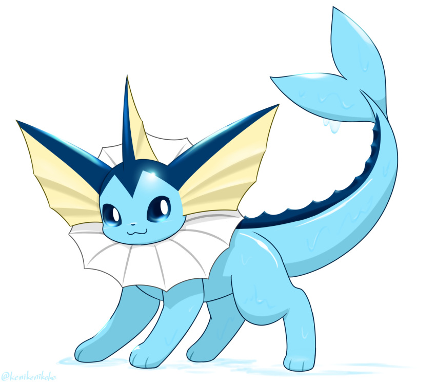 2023 3_toes :3 ambiguous_gender big_tail black_nose blue_body blue_eyes blue_skin blue_tail colored digital_media_(artwork) dripping ear_fins eeveelution feet feral fin frill_(anatomy) full-length_portrait generation_1_pokemon glistening glistening_body glistening_skin head_fin hi_res kemono kenikenikeke looking_at_viewer mammal marine monotone_tail neck_frill nintendo no_sclera pokemon pokemon_(species) portrait pupils quadruped shaded side_view signature simple_background solo standing tail tail_fin toes vaporeon wet white_background white_pupils