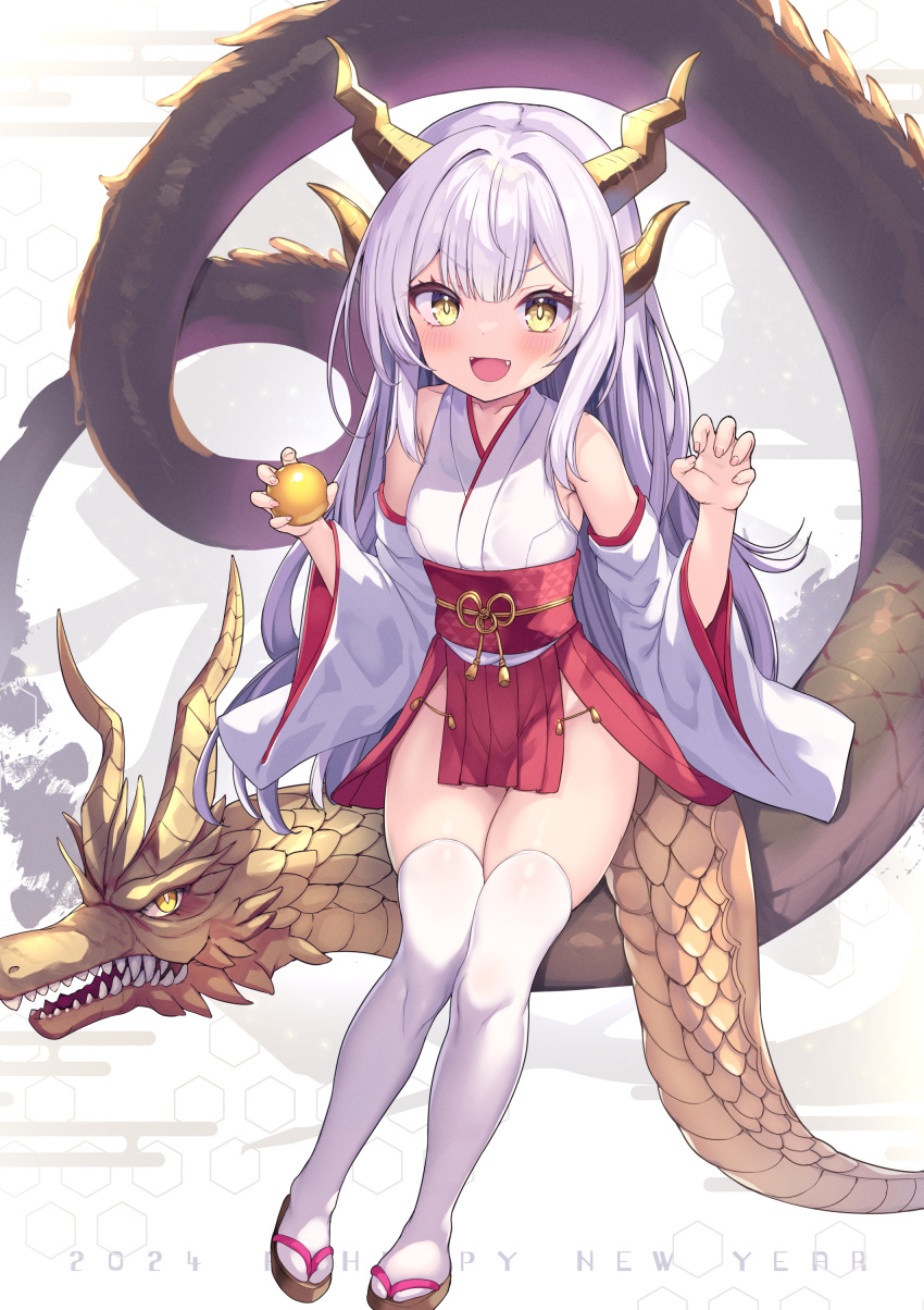 2024 absurdres bare_shoulders blush breasts chinese_zodiac claw_pose collarbone commentary_request detached_sleeves dragon dragon_girl dragon_horns dragon_tail fangs female full_body grey_hair happy_new_year highres horns long_hair long_sleeves looking_at_viewer ochinsama open_mouth original sandals skindentation small_breasts solo tabi tail thick_thighs thighhighs thighs very_long_hair white_thighhighs year_of_the_dragon yellow_eyes zouri