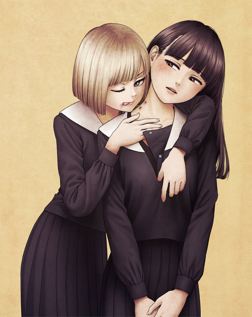 2girls aria_(vampeerz) bite_mark bite_mark_on_neck black_hair blonde_hair blood_on_mouth blush cover cover_image higashiyama_shou highres hug hug_from_behind ichika_(vampeerz) long_hair multiple_girls official_art one_eye_closed school_uniform short_hair simple_background tongue v_arms vampeerz