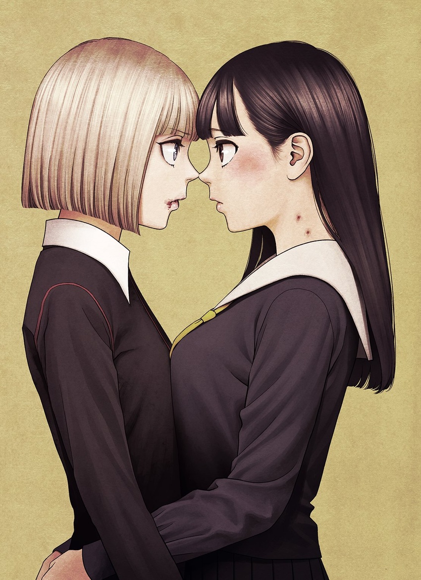 2girls aria_(vampeerz) asymmetrical_docking bite_mark black_hair blonde_hair blood_on_mouth blush breast_press cover cover_image eye_contact hand_on_another's_hip higashiyama_shou highres hug ichika_(vampeerz) long_hair looking_at_another multiple_girls official_art school_uniform short_hair simple_background upper_body vampeerz vampire yuri