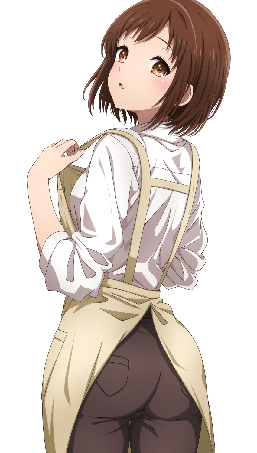 :o absurdres apron ass bang_dream! blush brown_hair brown_pants female from_behind hazawa_tsugumi highres looking_at_viewer looking_back noshimurin pants shirt short_hair simple_background solo white_background white_shirt yellow_apron