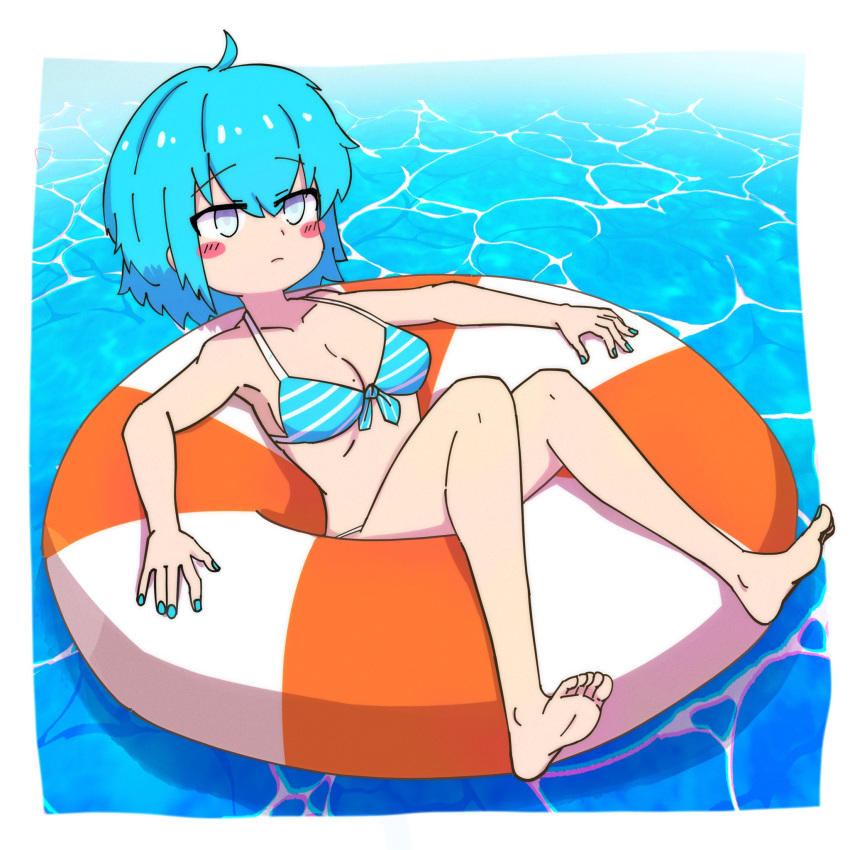 bikini blue_bikini blue_nails blush_stickers breasts caustics cirno cirno_(cookie) cleavage closed_mouth cookie_(touhou) expressionless female fingernails full_body grey_eyes hair_between_eyes highres innertube looking_at_viewer medium_bangs medium_breasts mole mole_on_breast orange_innertube short_hair solo striped_bikini striped_clothes striped_innertube swim_ring swimsuit tatamaru5382 touhou water white_innertube