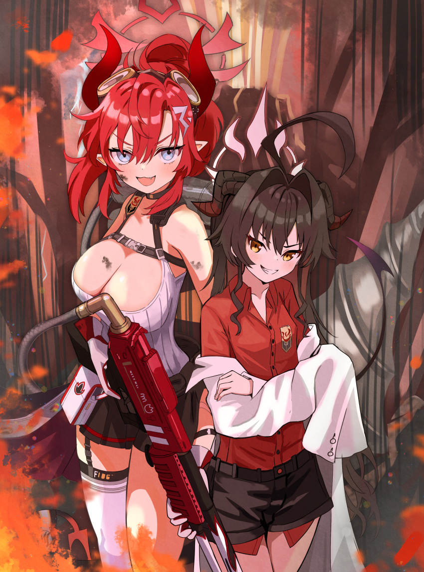 2girls absurdres ahoge black_hair black_horns black_shorts black_skirt black_tail blue_archive blue_eyes breasts cleavage coat collared_shirt demon_horns demon_tail flamethrower grin hair_intakes hair_ornament hairpin halo highres horns kasumi_(blue_archive) lab_coat large_breasts long_hair megu_(blue_archive) multiple_girls oerba_yun_fang open_mouth pleated_skirt red_hair red_halo red_horns red_shirt shirt shirt_tucked_in shorts single_thighhigh skirt smile tail tank_top thighhighs thomason366 weapon white_coat white_tank_top white_thighhighs yellow_eyes