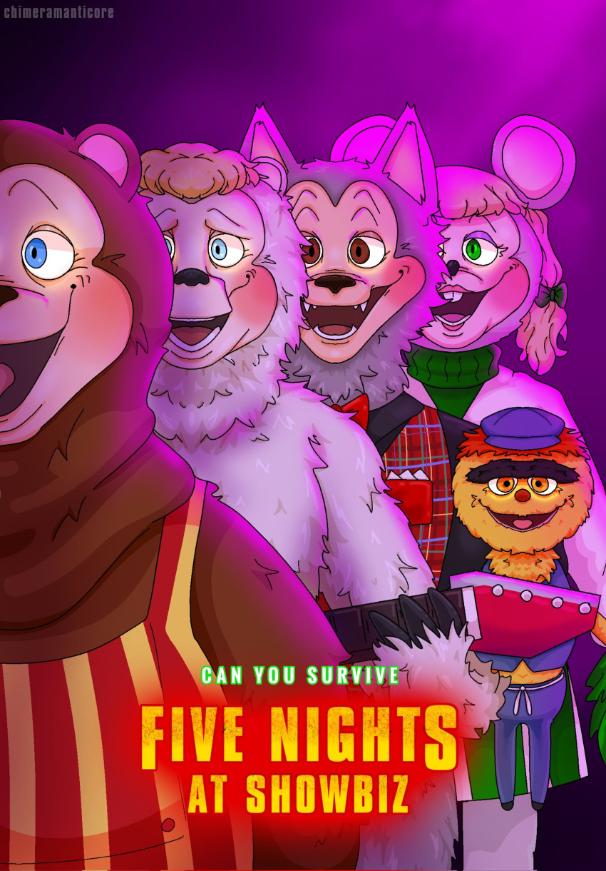 2023 animatronic anthro beach_bear bear billy_bob_brockali brown_bear brown_body brown_fur canid canine canis chimeramanticor clothed clothing creative_engineering_incorporated crossover digital_media_(artwork) earl_schmerle english_text female five_nights_at_freddy's five_nights_at_freddy's_(film) fur glowing glowing_eyes grizzly_bear group hi_res light lighting machine male mammal mitzi_mozzarella mouse murid murine overweight overweight_anthro overweight_male parody polar_bear purple_lighting robot rodent rolfe_dewolfe scottgames showbiz_pizza_place simple_background solo text the_rock-afire_explosion universal_studios ursine wolf