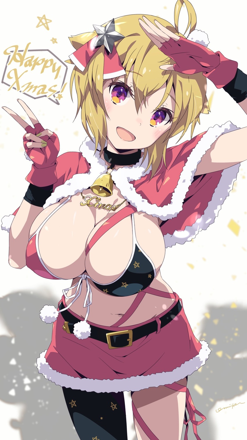 ahoge bell belt bikini bikini_top_only blonde_hair breasts capelet christmas cleavage collar commentary_request female fingerless_gloves fur-trimmed_skirt fur_trim gloves green_nails hair_ornament highres ibuki_tsubasa idolmaster idolmaster_million_live! large_breasts leg_ribbon looking_at_viewer midriff miniskirt navel neck_bell oomura_karasu open_mouth purple_eyes red_gloves red_skirt ribbon santa_costume single_leg_pantyhose skirt smile solo star_(symbol) star_hair_ornament swimsuit v white_background