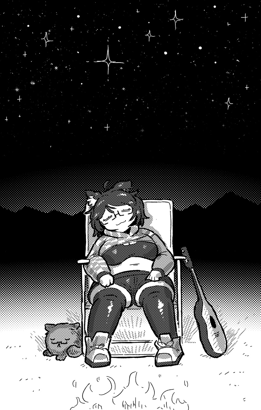 :3 ahoge animal_ears campfire cropped_hoodie dog_ears edie_crop_hoodie female guitar halftone highres hood hoodie indie_virtual_youtuber instrument meme_attire mint_castella monochrome mountainous_horizon navel night night_sky on_chair oomfie_(mint_castella) plump short_hair sky sleeping star_(sky) starry_sky thighhighs virtual_youtuber william_leonard