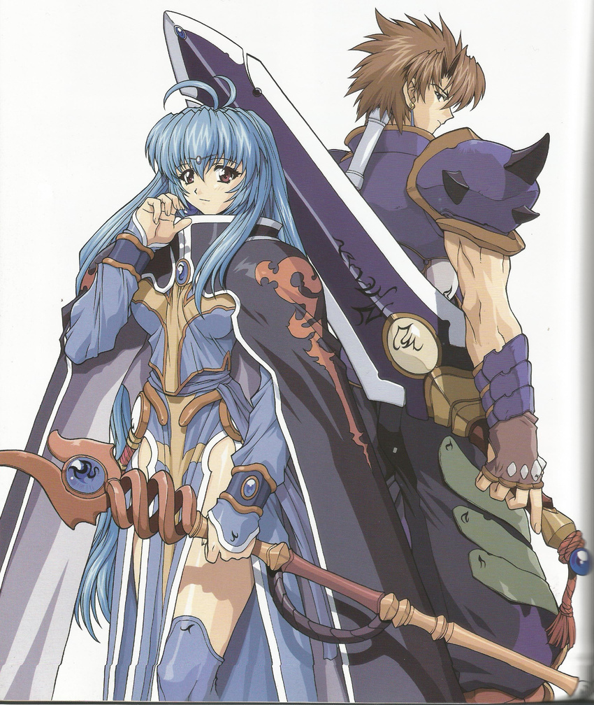 1boy absurdres alicia_mcfadden armor blue_eyes blue_hair brave_soul brown_hair earrings female highres jewelry long_hair manly mogudan official_art red_eyes rudy_(brave_soul) scan staff sword weapon