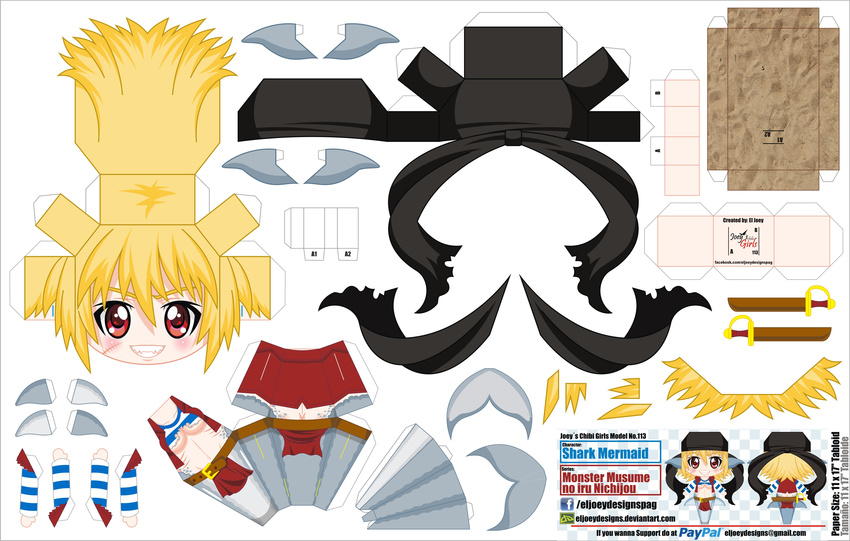 absurdres bandana blonde_hair breasts chibi commentary_request copyright_name cutlass el_joey female fins gills grin head_fins highres medium_breasts mermaid monster_girl monster_musume_no_iru_nichijou paper_cutout red_eyes scar scar_on_face shark_girl shark_race_(monster_musume) sharp_teeth shirt smile solo striped_clothes striped_shirt teeth underboob watermark web_address