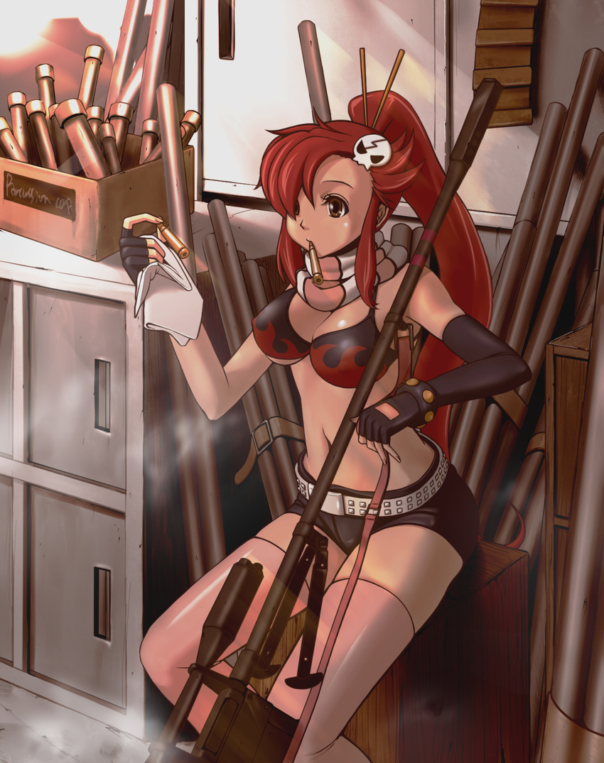 anti-materiel_rifle belt bikini bikini_top_only black_gloves black_shorts breasts brown_eyes bullet cleavage commentary_request elbow_gloves female fingerless_gloves gloves gun hair_over_one_eye highres industrial_pipe large_breasts long_hair midriff mouth_hold no_shirt ponytail red_hair rifle scarf short_shorts shorts sniper_rifle solo studded_belt swimsuit taono_kinoko tengen_toppa_gurren_lagann thighhighs weapon yoko_littner