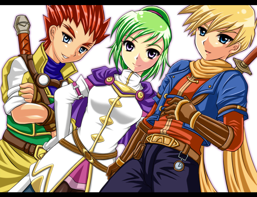 2boys bad_id bad_pixiv_id blonde_hair blue_eyes capelet crossed_arms female golden_sun golden_sun:_dark_dawn gomabee green_hair grin hand_on_own_hip karis_(golden_sun) letterboxed matthew_(golden_sun) multiple_boys purple_eyes red_hair scarf smile sword tyrell_(golden_sun) weapon