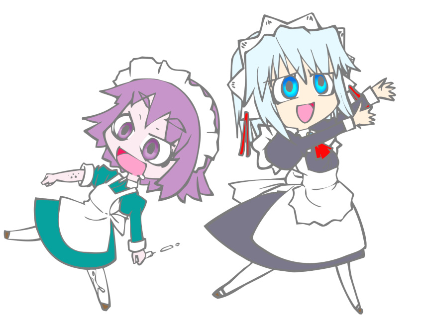 2girls artist_request blue_eyes blue_hair crazy_eyes drooling futaba_channel hair_ribbon long_sleeves maid maid_headdress multiple_girls nijiura_maids open_mouth purple_eyes purple_hair ribbon saliva short_hair source_request syringe vector_trace yakui yuki-san