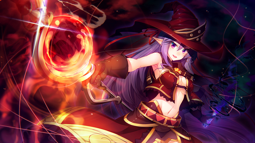 belt breasts female game_cg groin hat holding holding_weapon long_hair magic medium_breasts midriff navel open_mouth potion purple_eyes purple_hair rozea_(graphmelt) shannon_fiszer sleeveless smile solo staff tou_no_shita_no_exercitus underboob weapon witch witch_hat